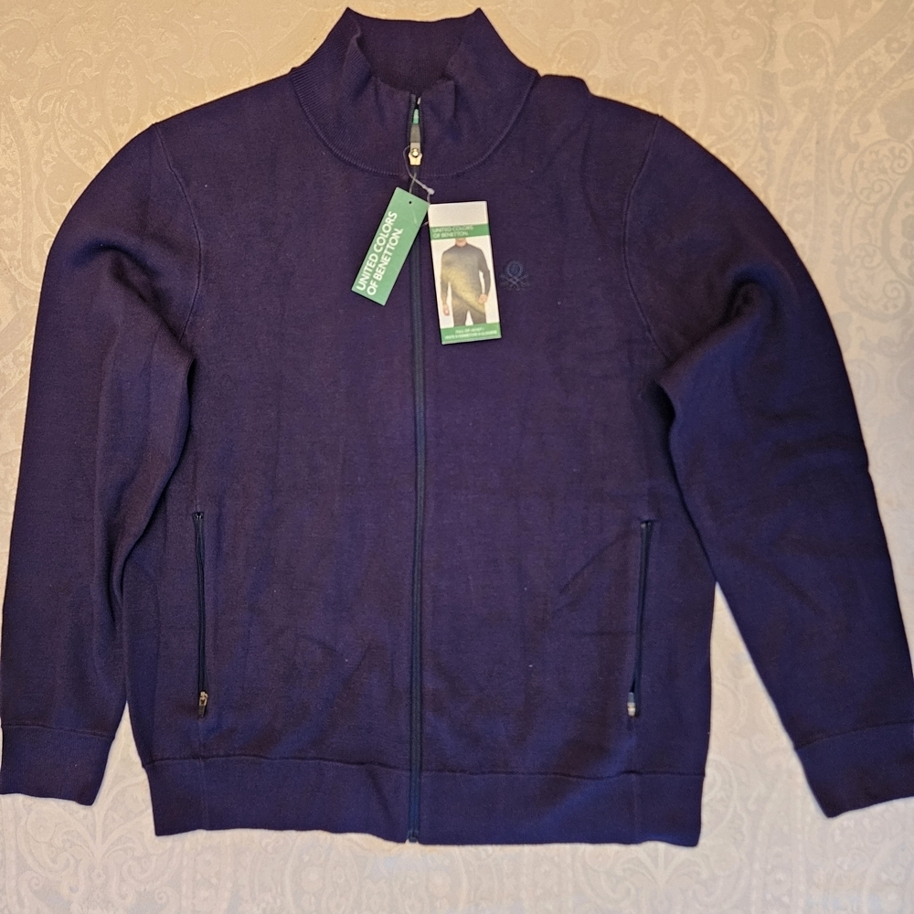 Size Small United Colors of Benetton Navy Blue Full-Zip Knit Sweater Jacket, NWT